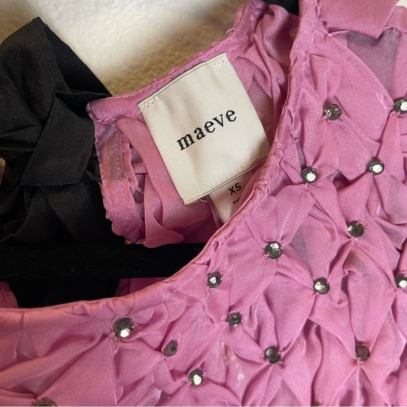 NWT Anthropologie Maeve Rhinestone Smock Sheer Babydoll Bow Top Pink Size XS - Picture 5 of 14